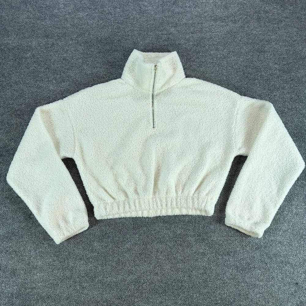 Zaful Cream Faux Shearling Cropped‎ Quarter Zip Fleece Pullover Sweater Womens 6